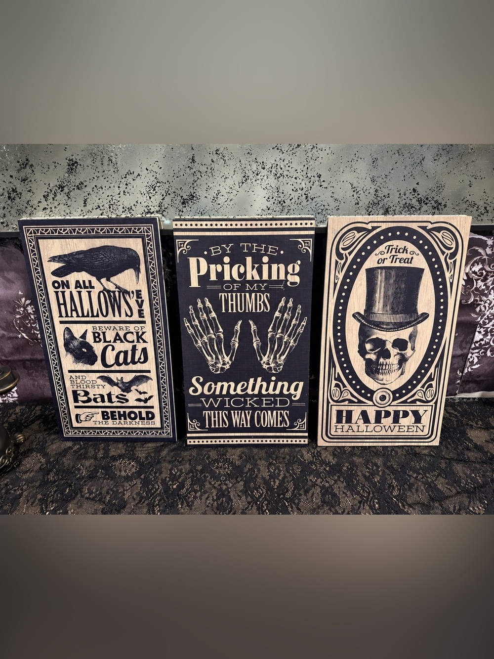 Set of 3 Vintage Style Halloween Wood Signs Skull Raven Skeleton Gothic